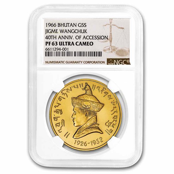 1966 Bhutan Gold 5 Sertums Jigme Wangchuck PF-63 NGC 1966 Bhutan Gold 5 Sertums Jigme Wangchuck PF-63 NGC