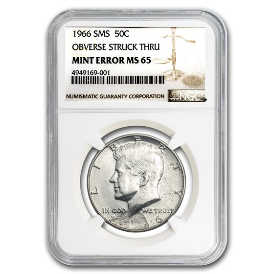 1966 Kennedy Half Dollar SMS MS-65 NGC (Obv Struck Thru Error) 1966 Kennedy Half Dollar SMS MS-65 NGC (Obv Struck Thru Error)