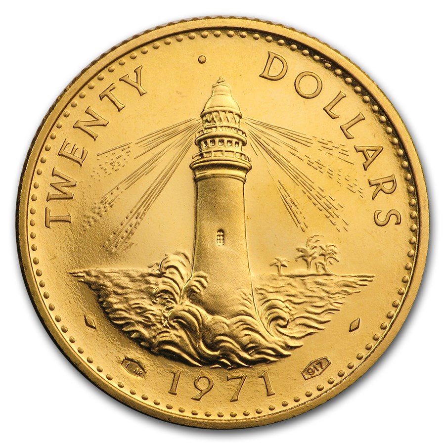 1967-1971 Bahamas Gold 20 Dollars Lighthouse BU/Proof