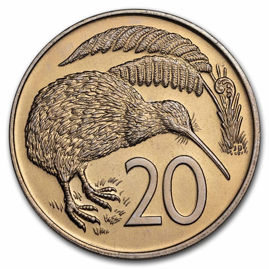 1967-1985 New Zealand Copper-Nickel 20 Cents Elizabeth II/Kiwi BU