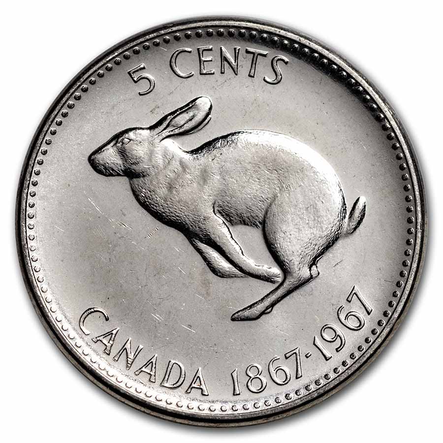 1967 Canada Five 5 Cents Nickel Uncirculated Coin Fresh From New Roll A259 