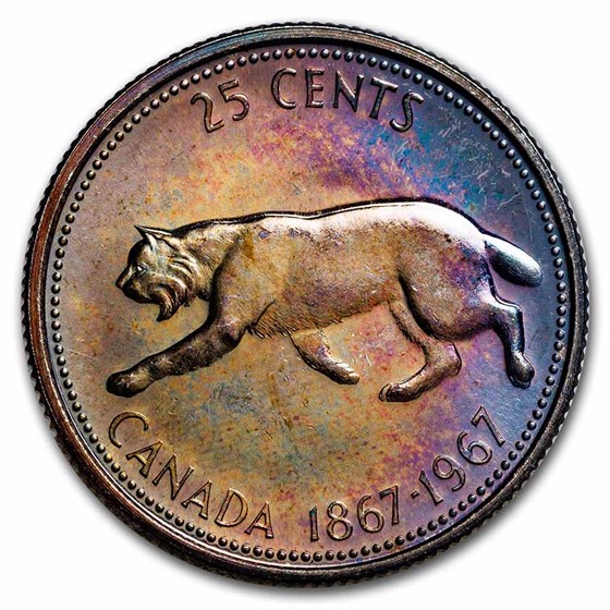 1967 Canada Silver 25 Cents Running Bobcat BU/Prooflike (Toned)