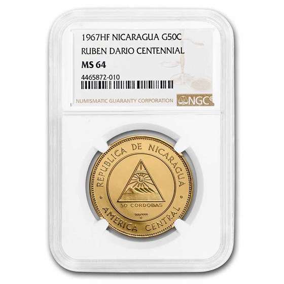 1967 Nicaragua Gold 50 Cordobas MS-64 NGC 1967 Nicaragua Gold 50 Cordobas MS-64 NGC
