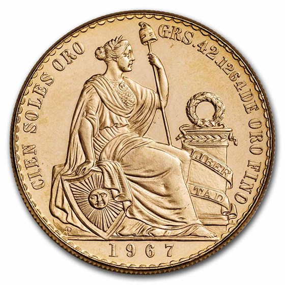 1967 Peru Gold 100 Soles Liberty BU