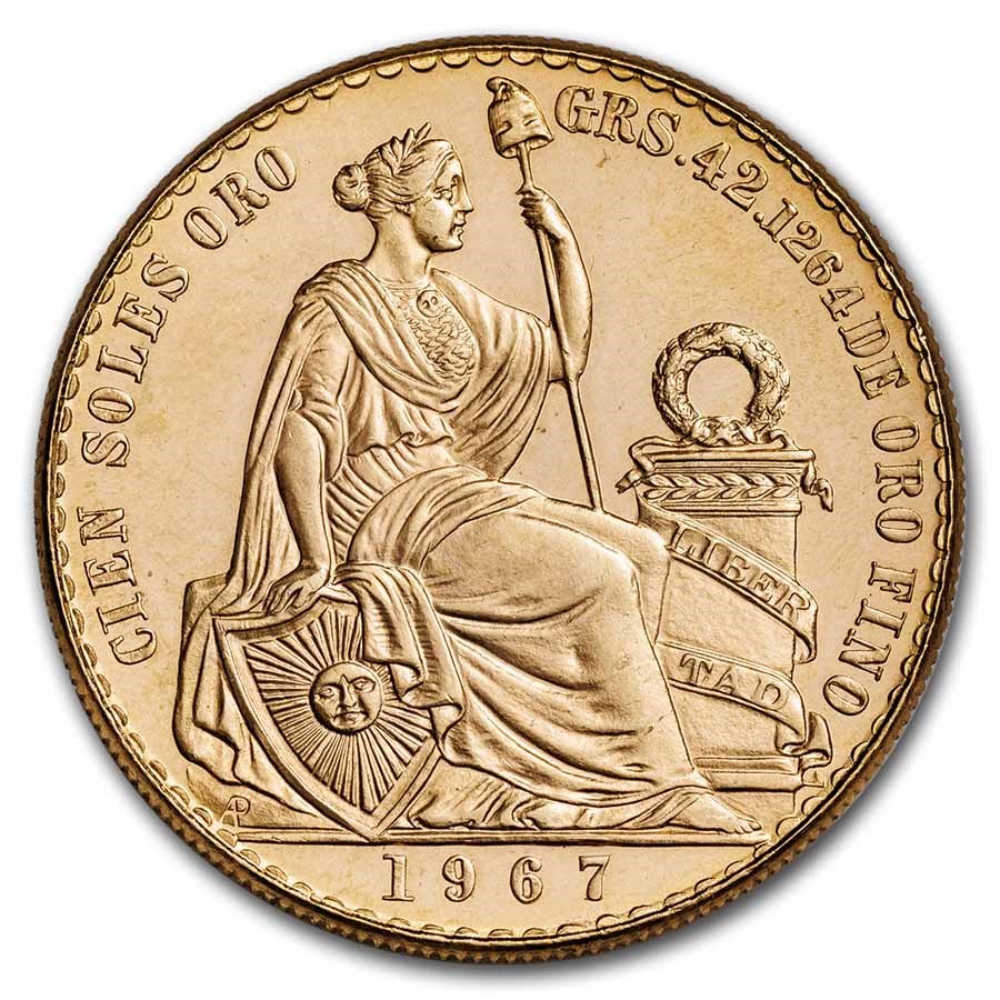 1967 Peru Gold 100 Soles Liberty BU