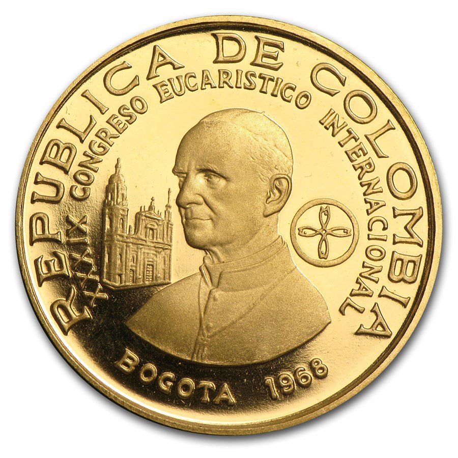 1968 Colombia Proof Gold 200 Pesos Pope Paul VI