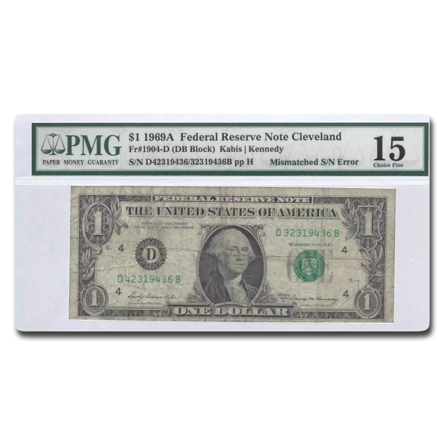 1969-A (D-Cleveland) $1 FRN F-15 PMG (Fr#1904-D) Mismatch Serial