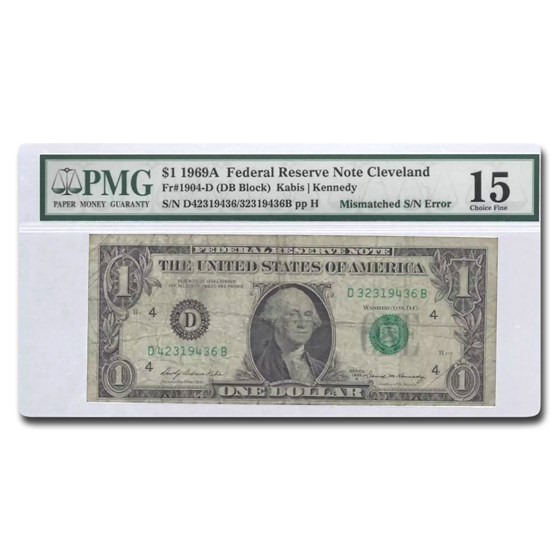 1969-A (D-Cleveland) $1 FRN F-15 PMG (Fr#1904-D) Mismatch Serial 1969-A (D-Cleveland) $1 FRN F-15 PMG (Fr#1904-D) Mismatch Serial