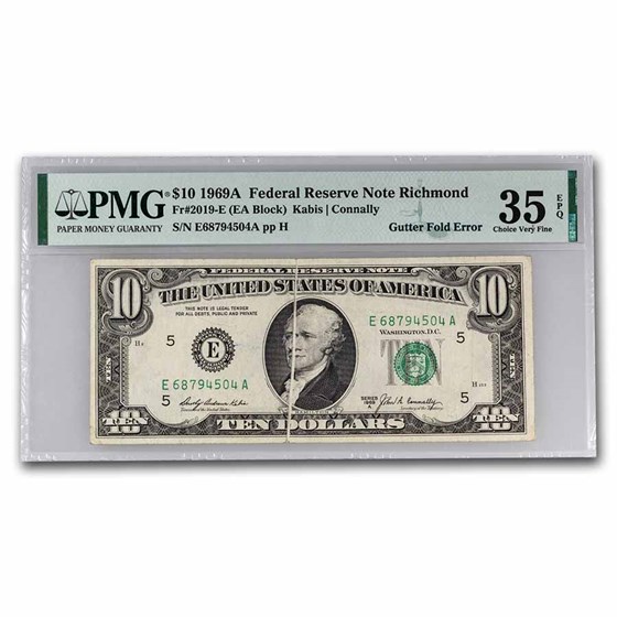 1969-A (E-Richmond) $10 FRN VF-35 EPQ PMG (Fr#2019-E) Gutter Fold 1969-A (E-Richmond) $10 FRN VF-35 EPQ PMG (Fr#2019-E) Gutter Fold