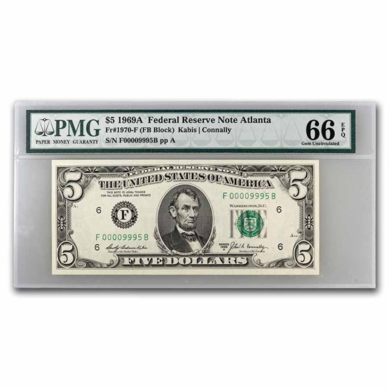 1969-A (F-Atlanta) $5.00 FRN Gem CU-66 EPQ PMG (Fr#1970-F) 1969-A (F-Atlanta) $5.00 FRN Gem CU-66 EPQ PMG (Fr#1970-F)
