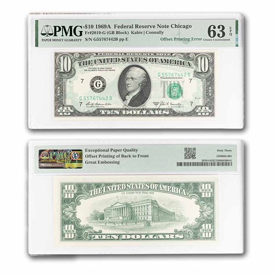 1969-A (G-Chicago) $10 FRN CU-63 EPQ PMG (Fr#1970-K) Offset Error