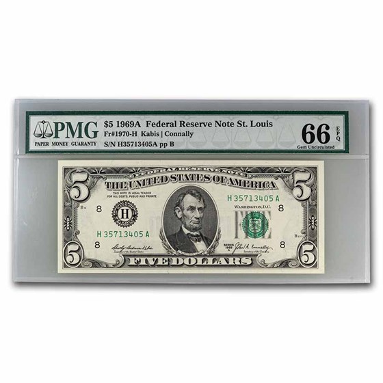 1969-A (H-St. Louis) $5.00 FRN Gem CU-66 EPQ PMG (Fr#1970-H) 1969-A (H-St. Louis) $5.00 FRN Gem CU-66 EPQ PMG (Fr#1970-H)