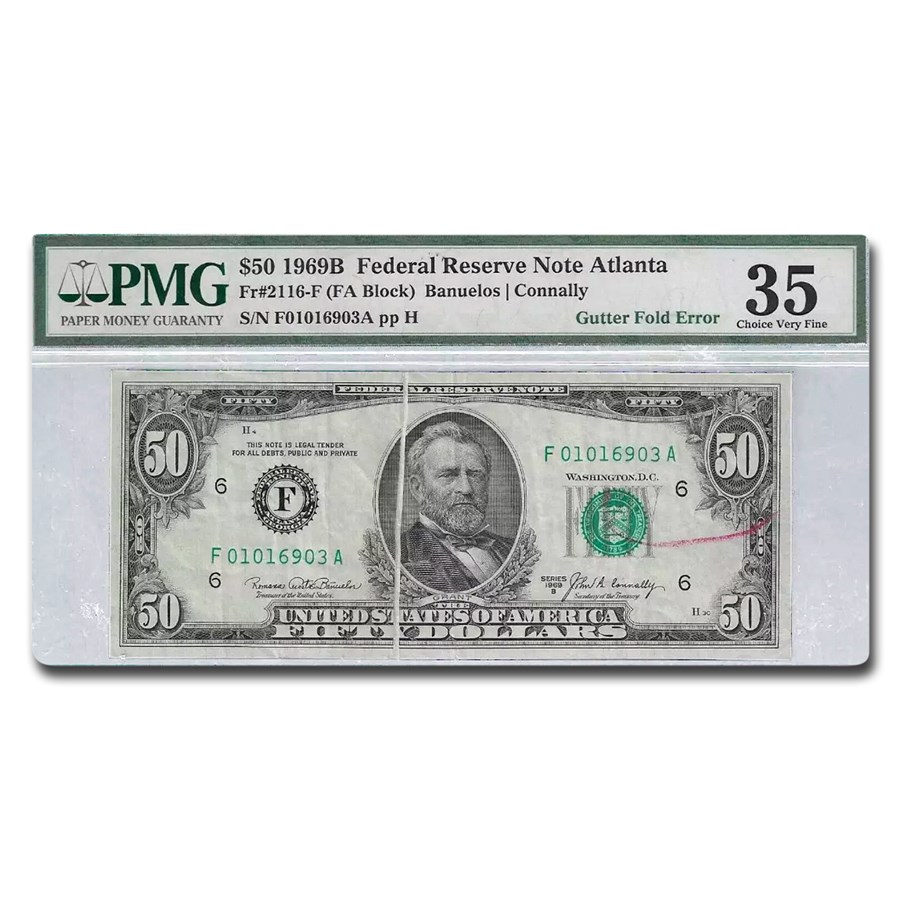 1969-B (F-Atlanta) $50 FRN VF-35 PMG (Fr#2116-F) Fold Error