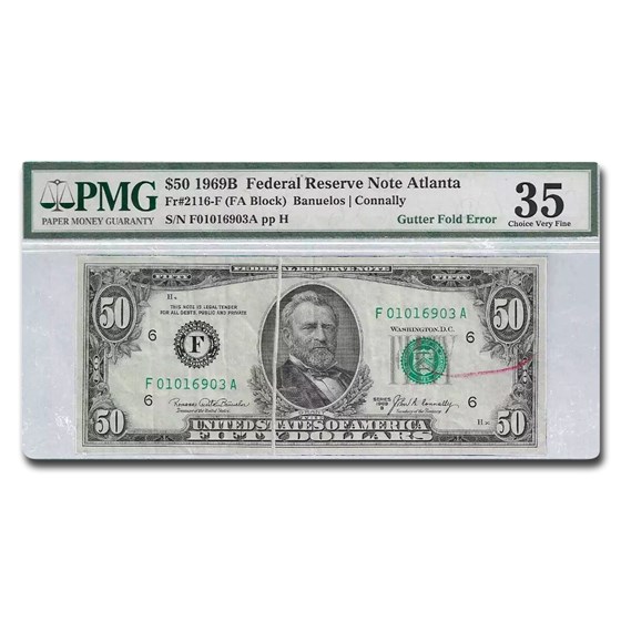 1969-B (F-Atlanta) $50 FRN VF-35 PMG (Fr#2116-F) Fold Error 1969-B (F-Atlanta) $50 FRN VF-35 PMG (Fr#2116-F) Fold Error