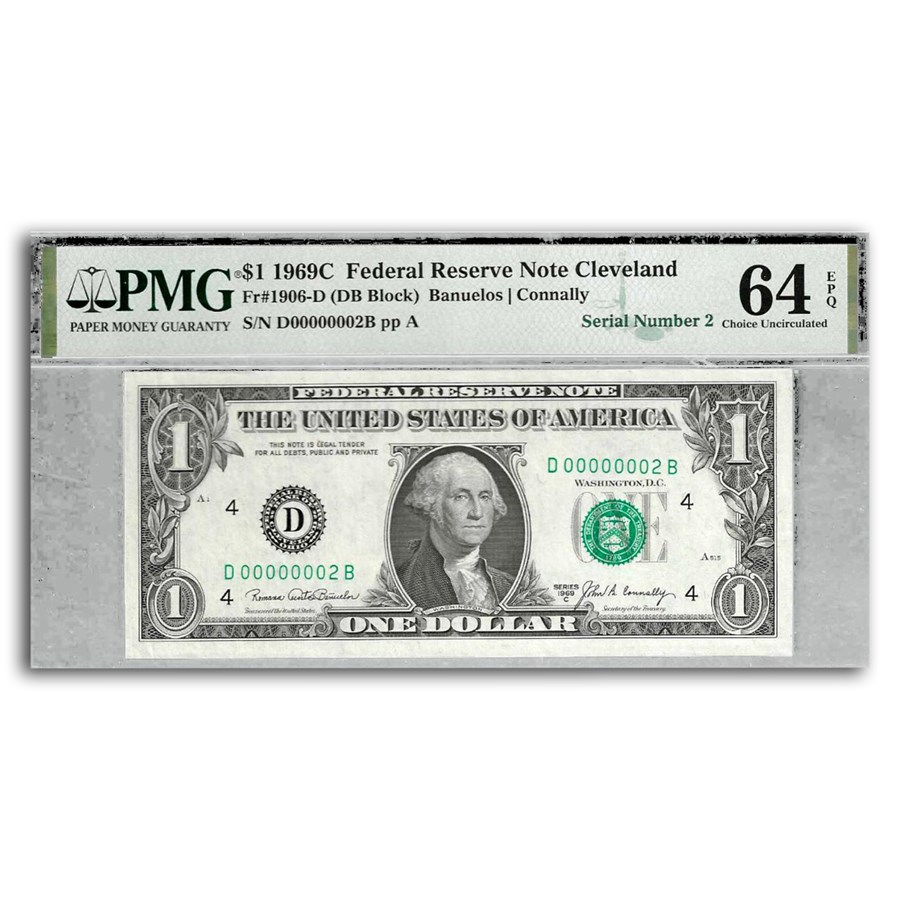 1969-C $1 FRN CU-64 EPQ PMG (Fr#1906-D) Serial #2!