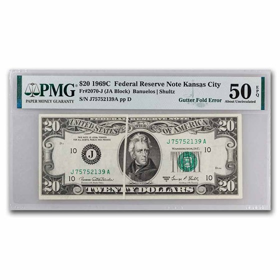 1969-C $20 FRN AU-50 EPQ PMG (Fr#2070-J) Gutter Fold