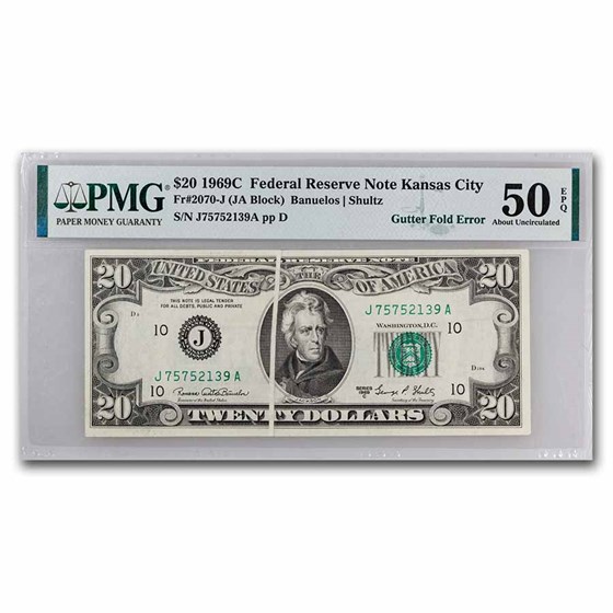 1969-C $20 FRN AU-50 EPQ PMG (Fr#2070-J) Gutter Fold 1969-C $20 FRN AU-50 EPQ PMG (Fr#2070-J) Gutter Fold
