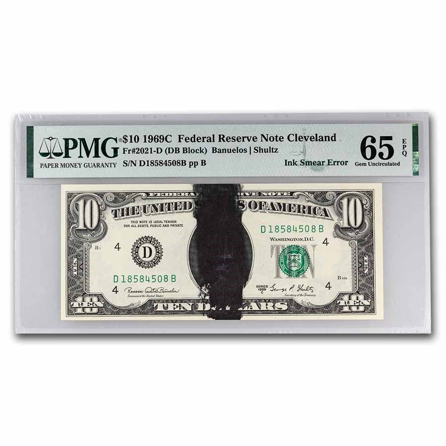 1969-C (D-Cleveland) $10 FRN CU-65 EPQ PMG (Fr#2021-D) Ink Smear