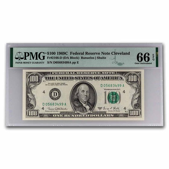 1969-C (D-Cleveland) $100 FRN Gem CU-66 EPQ PMG (Fr#2166-D)