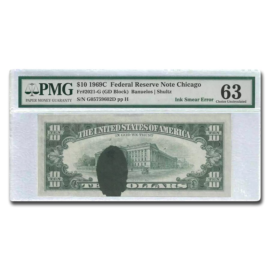 1969-C (G-Chicago) $10 FRN Gem CU-63 PMG (Fr#2021-G) Ink Error