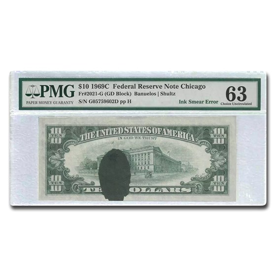 1969-C (G-Chicago) $10 FRN Gem CU-63 PMG (Fr#2021-G) Ink Error 1969-C (G-Chicago) $10 FRN Gem CU-63 PMG (Fr#2021-G) Ink Error