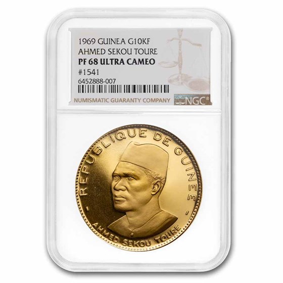 1969 Guinea Gold 10,000 Francs Ahmed Sekou Toure PF-68 UCAM NGC 1969 Guinea Gold 10,000 Francs Ahmed Sekou Toure PF-68 UCAM NGC