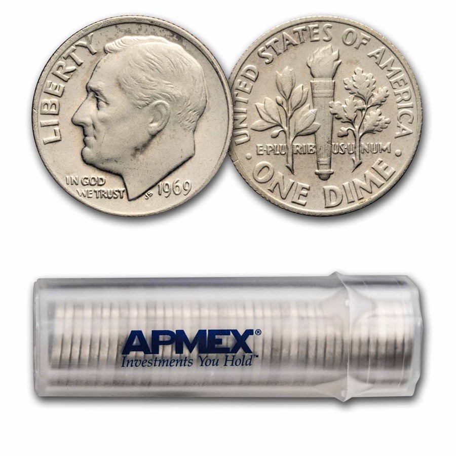1969 Roosevelt Dime 50-Coin Roll BU