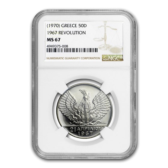 (1970) 1967 Revolution Greece Silver 50 Drachmai MS-67 NGC (1970) 1967 Revolution Greece Silver 50 Drachmai MS-67 NGC
