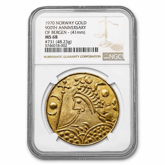 1970 Norway Gold Penny Medal Bryggen Museum King Olav MS-68 NGC 1970 Norway Gold Penny Medal Bryggen Museum King Olav MS-68 NGC