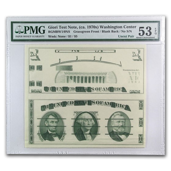1970's Giori Test Piece $5/$1 FRN AU-53 EPQ PMG (Uncut Pair) 1970's Giori Test Piece $5/$1 FRN AU-53 EPQ PMG (Uncut Pair)