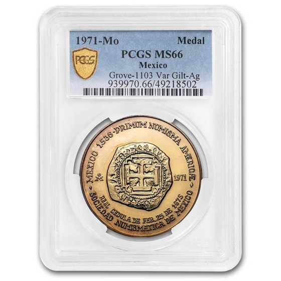 1971-Mo Mexico 8 Escudos Medal MS-66 PCGS (Grove-1103, Gilt) 1971-Mo Mexico 8 Escudos Medal MS-66 PCGS (Grove-1103, Gilt)