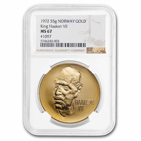 ノルウェー ホーコン7世1872-1972 記念銀メダル 銀貨 ケース付き Buy 1972 Norway Gold Medal King Haakon VII MS-67 NGC | APMEX