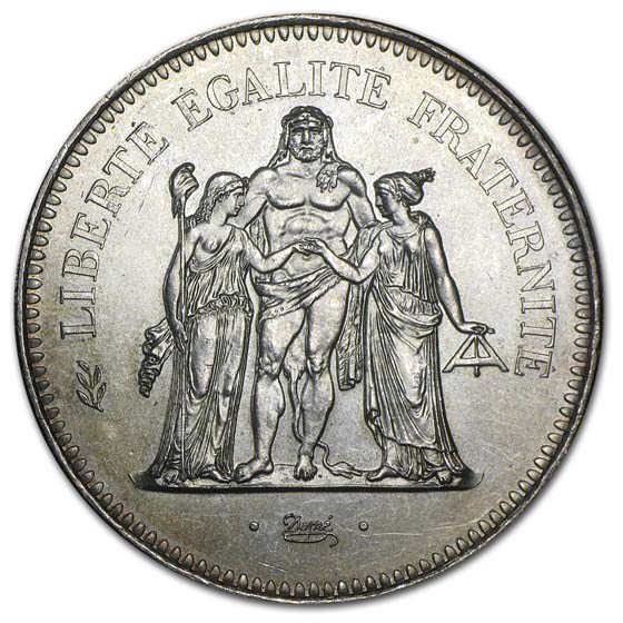 1974-1979 France Silver 50 Francs Hercules AU-BU
