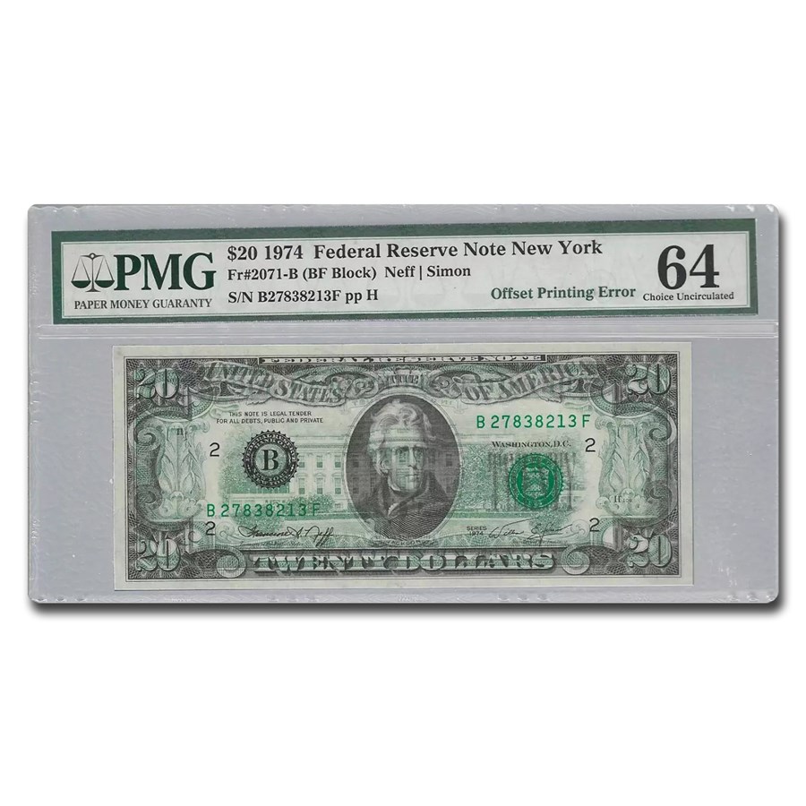 1974 (B-New York) $20 FRN CU-64 PMG (Fr#2071-B) Offset Print