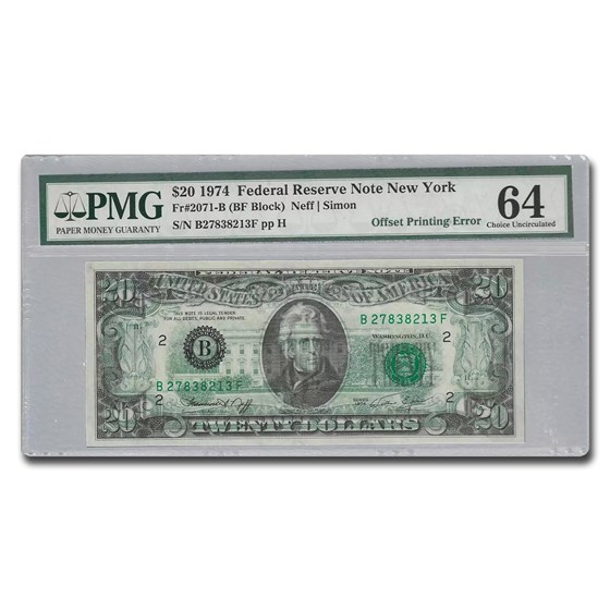 1974 (B-New York) $20 FRN CU-64 PMG (Fr#2071-B) Offset Print 1974 (B-New York) $20 FRN CU-64 PMG (Fr#2071-B) Offset Print