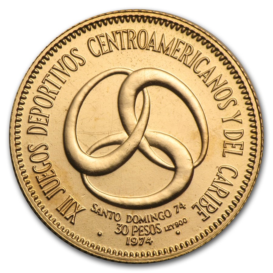1974 Dominican Republic Gold 30 Pesos BU (AGW .3385)
