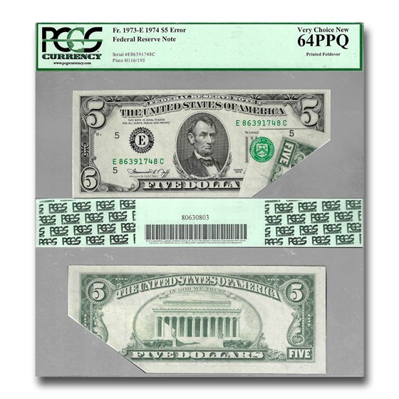 1974 (E-Richmond) $5 FRN CU-64 PPQ PCGS (Fr#1973-E) Printed Fold 1974 (E-Richmond) $5 FRN CU-64 PPQ PCGS (Fr#1973-E) Printed Fold