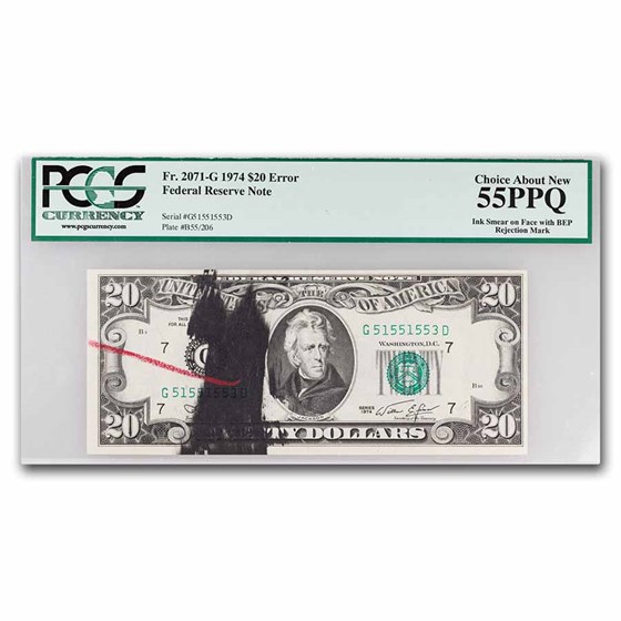 1974 (G-Chicago) $20 FRN AU-55 PPQ PCGS (Fr#2071-G) Ink Smear 1974 (G-Chicago) $20 FRN AU-55 PPQ PCGS (Fr#2071-G) Ink Smear