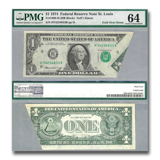 1974 (H-St. Louis) $1 FRN CU-64 PMG (Fr#1908-H) Fold Over Error 1974 (H-St. Louis) $1 FRN CU-64 PMG (Fr#1908-H) Fold Over Error