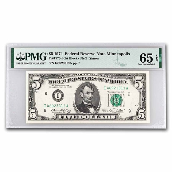 1974 (I-Minneapolis) $5.00 FRN Gem CU-65 EPQ PMG (Fr#1973-I) 1974 (I-Minneapolis) $5.00 FRN Gem CU-65 EPQ PMG (Fr#1973-I)