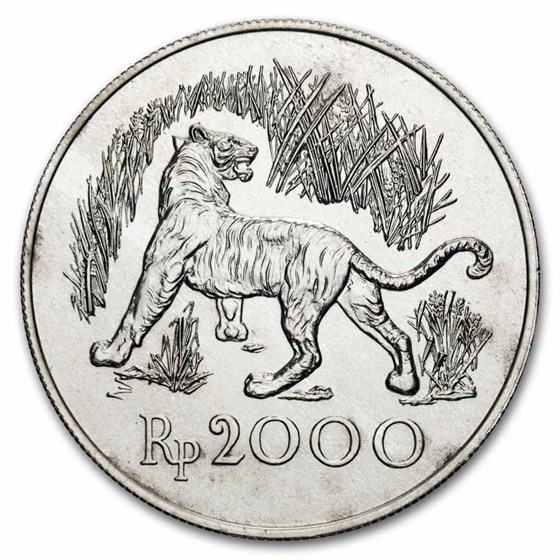1974 Indonesia Silver 2000 Rupiah Tiger BU
