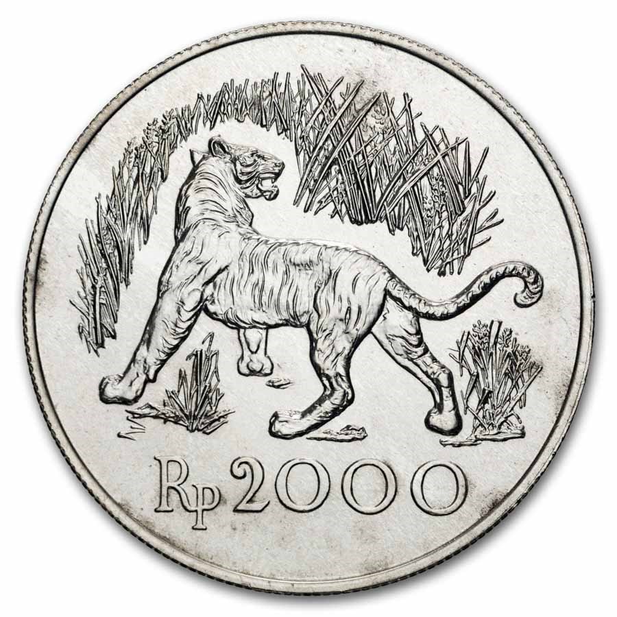 1974 Indonesia Silver 2000 Rupiah Tiger BU