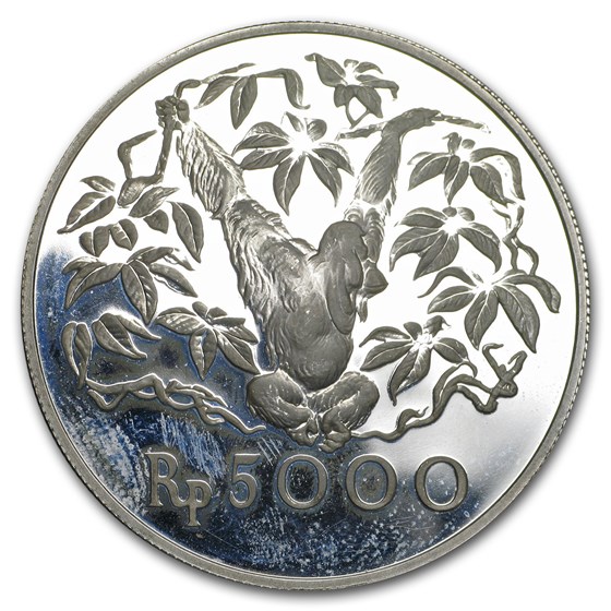1974 Indonesia Silver 5000 Rupiah Orangutan AU 1974 Indonesia Silver 5000 Rupiah Orangutan AU