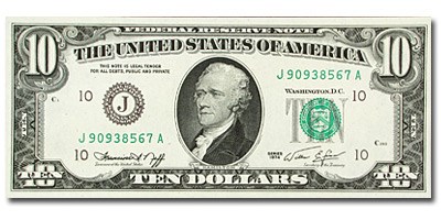 1974 (J-Kansas City) $10 FRN CU (Fr#2022-J) Offset