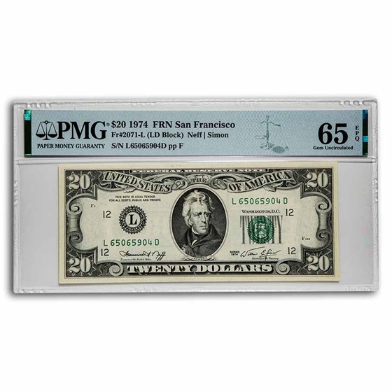 1974 (L-San Francisco) $20 FRN Gem CU-65 EPQ PMG (Fr#2071-L) 1974 (L-San Francisco) $20 FRN Gem CU-65 EPQ PMG (Fr#2071-L)