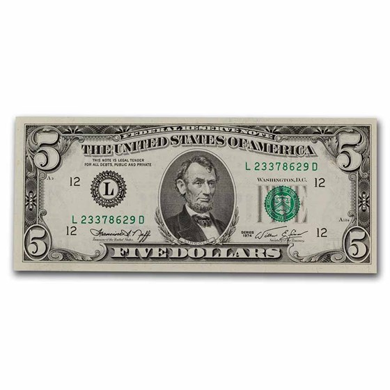 1974 (L-San Francisco) $5 FRN CU (Fr#1973-L) 1974 (L-San Francisco) $5 FRN CU (Fr#1973-L)