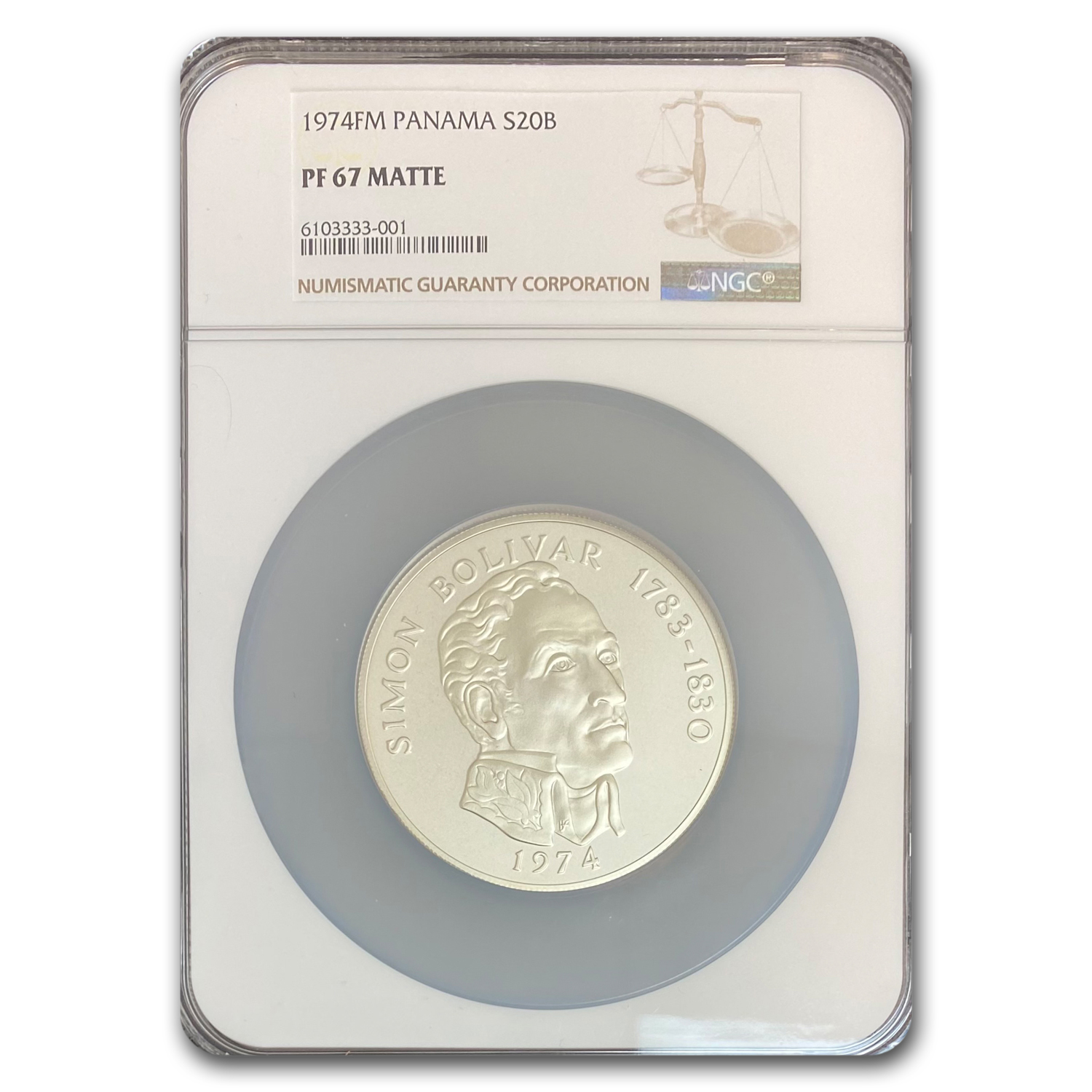 Buy 1974 Panama Silver 20 Balboas Simon Bolivar PF-67 Matte