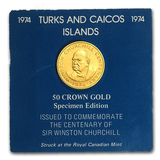 1974 Turks & Caicos Gold 50 Crowns Winston Churchill BU 1974 Turks & Caicos Gold 50 Crowns Winston Churchill BU