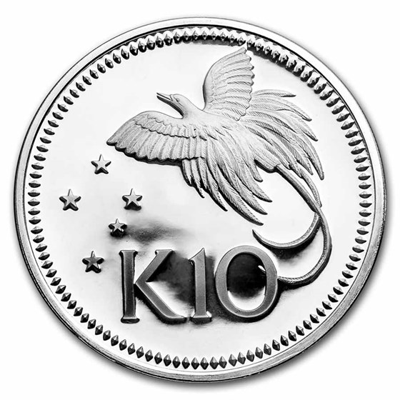1975-78 Papua New Guinea Silver 10 Kina Bird of Paradise Proof