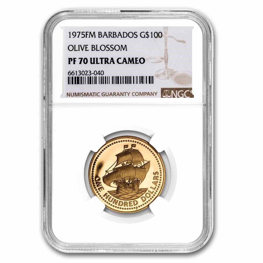 1975 Barbados Proof Gold $100 Olive Blossom PF-70 NGC